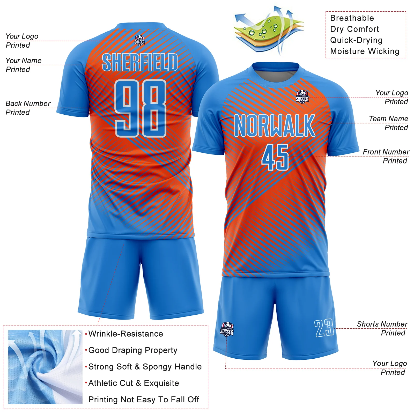 Custom Powder Blue Orange-White Line Sublimation Soccer Uniform Jersey - Image 4