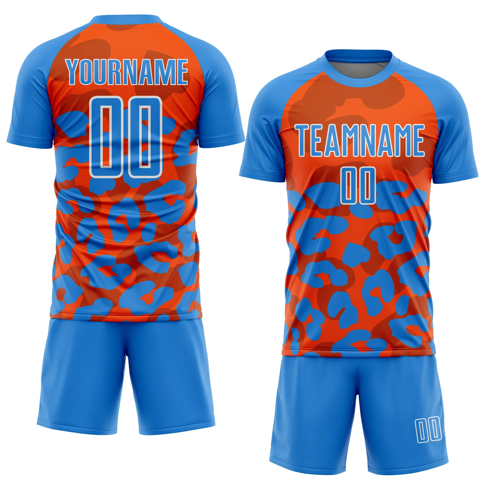 Custom Powder Blue Orange-White Animal Leopard Print Sports Sublimation Soccer Uniform Jersey - Image 2