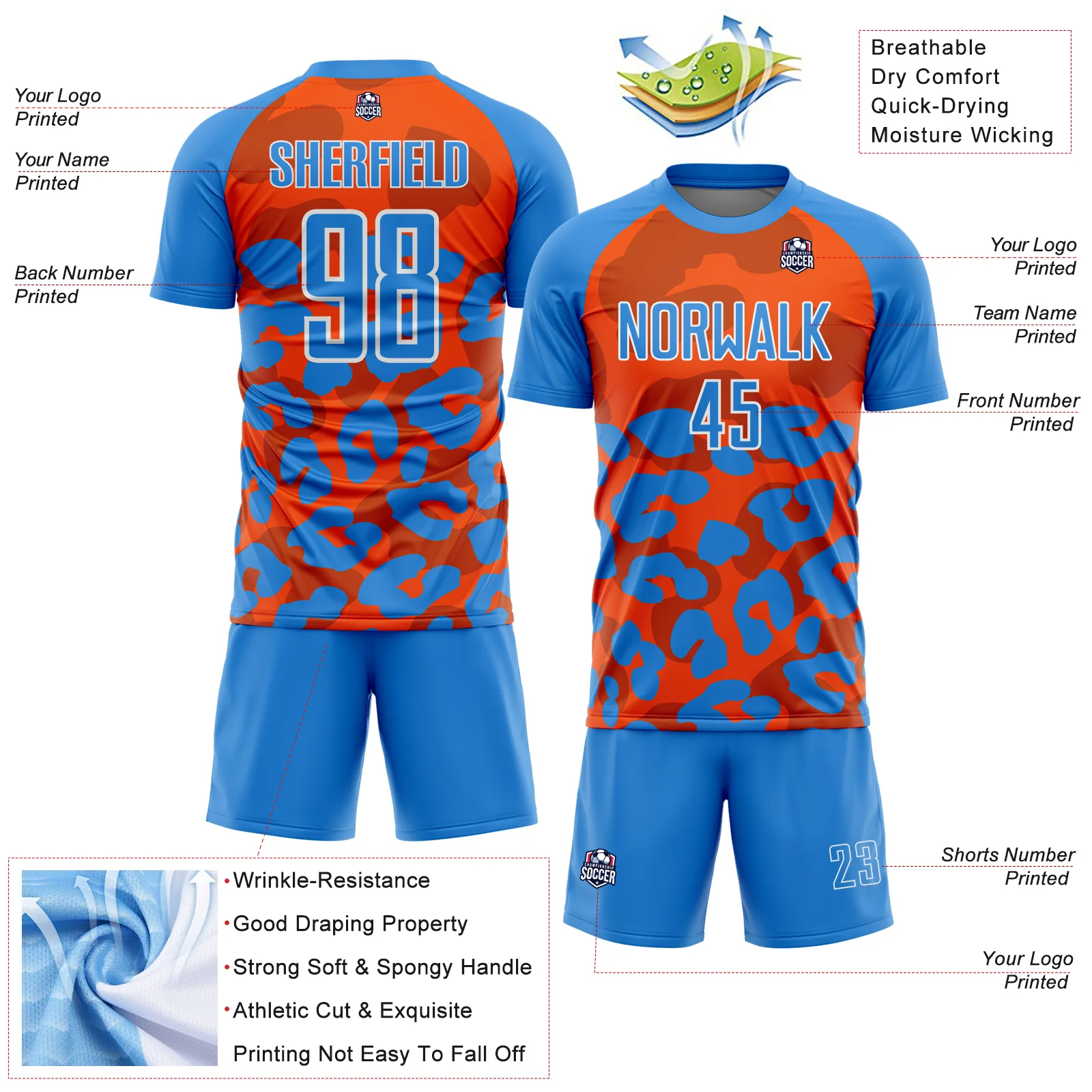 Custom Powder Blue Orange-White Animal Leopard Print Sports Sublimation Soccer Uniform Jersey - Image 4