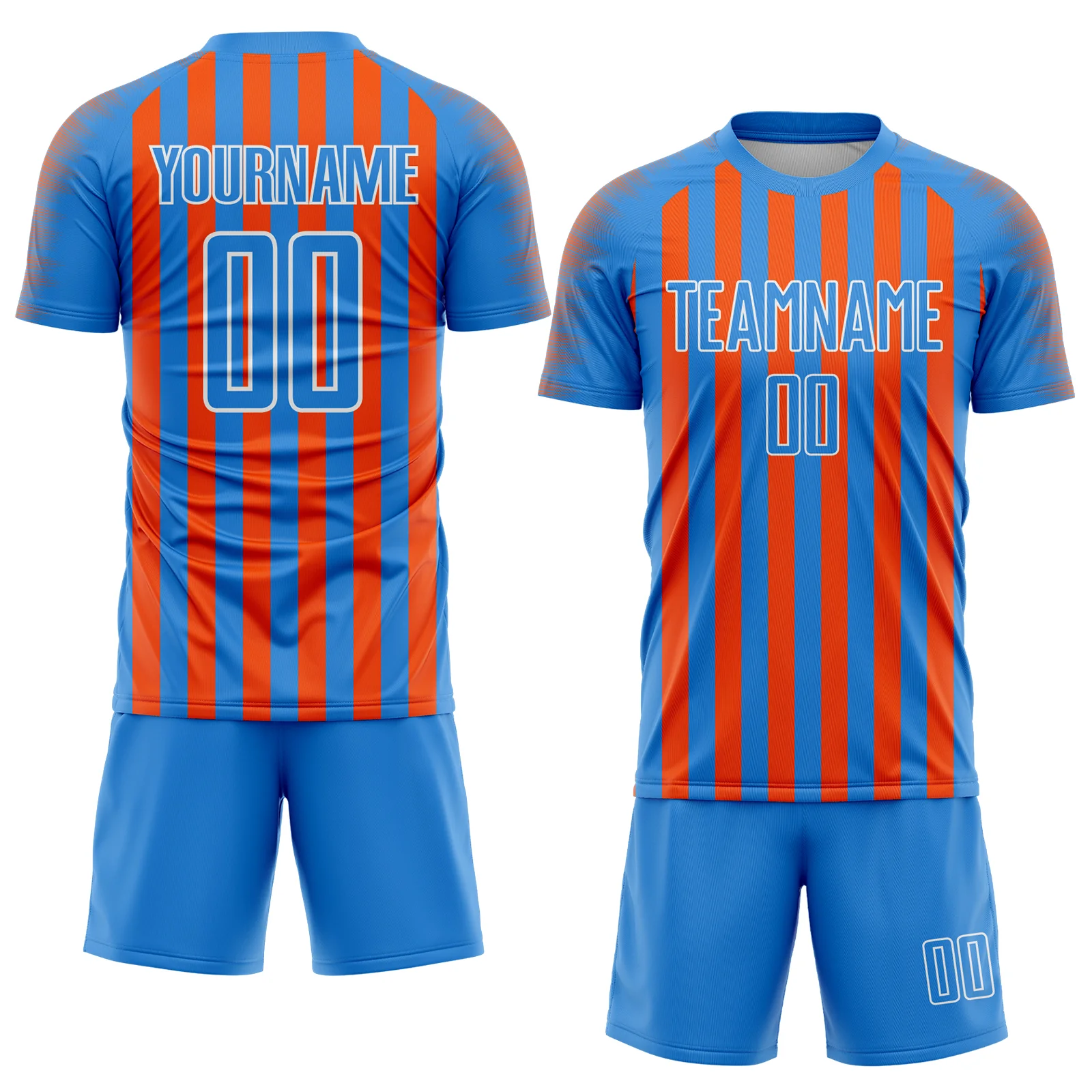 Custom Powder Blue Orange-White Stripe Sports Sublimation Soccer Uniform Jersey - Image 2