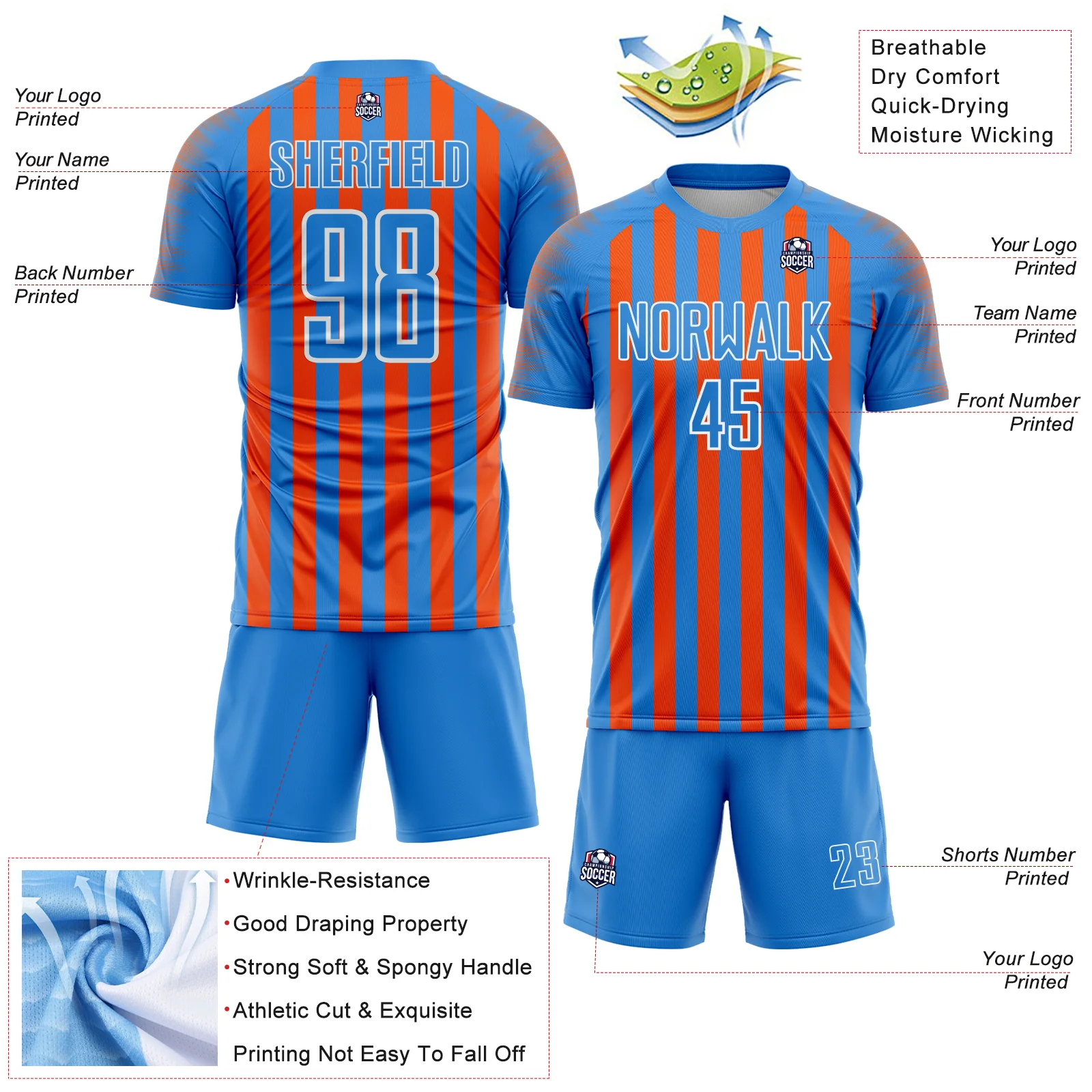 Custom Powder Blue Orange-White Stripe Sports Sublimation Soccer Uniform Jersey - Image 4