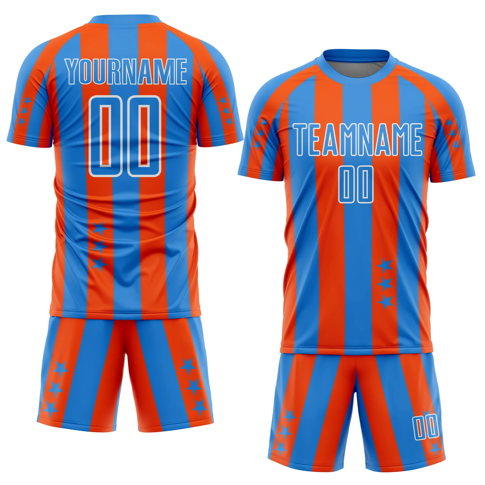 Custom Powder Blue Orange-White Stars And Stripes Sports Sublimation Soccer Uniform Jersey - Image 2