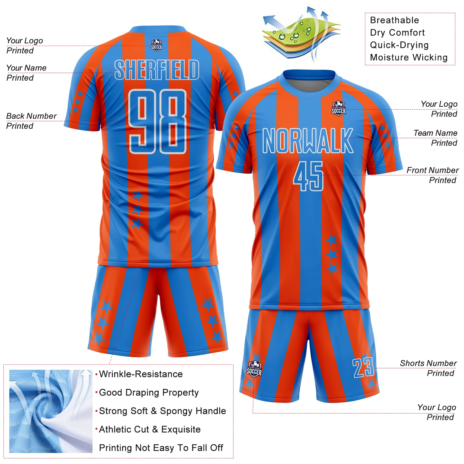 Custom Powder Blue Orange-White Stars And Stripes Sports Sublimation Soccer Uniform Jersey - Image 4