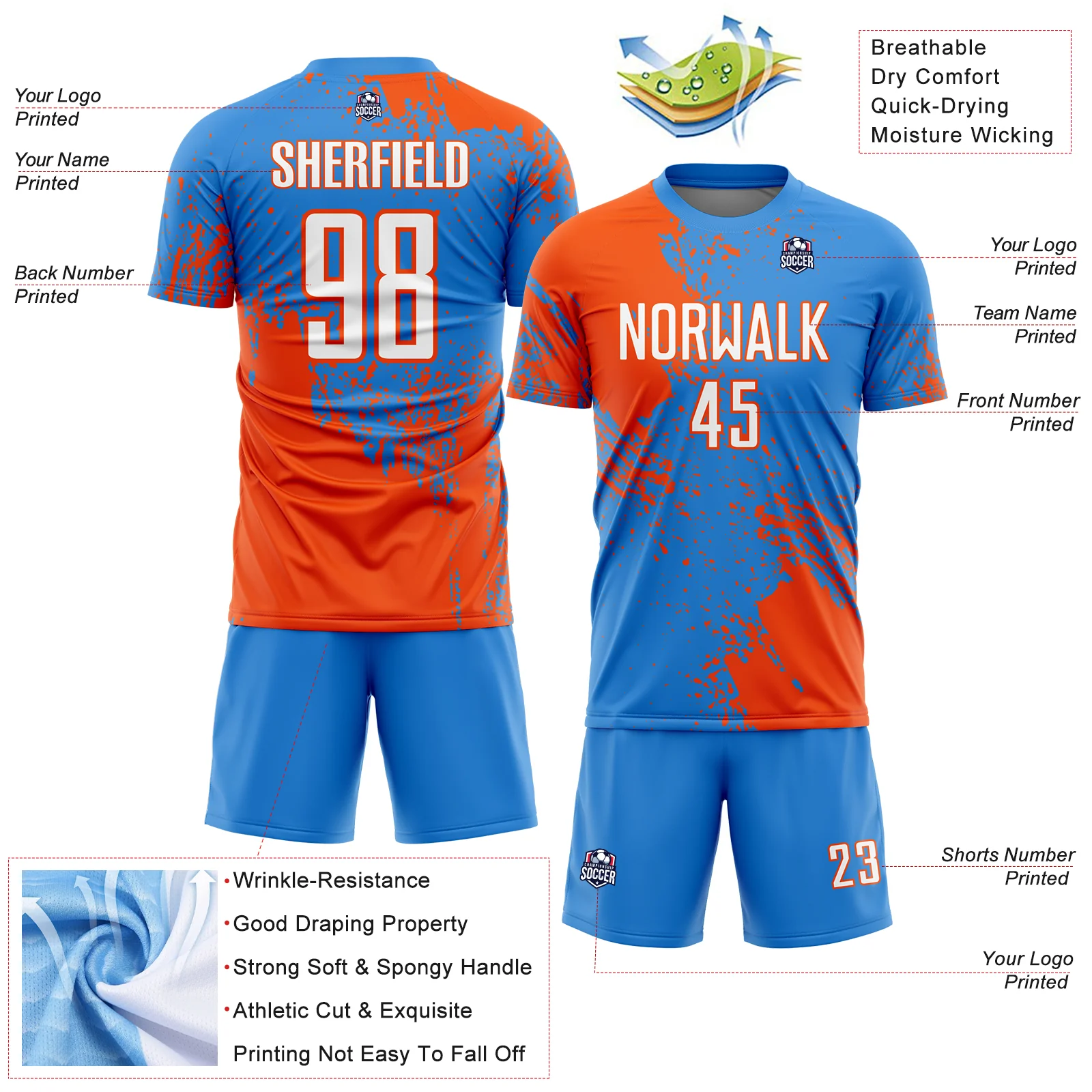 Custom Powder Blue White-Orange Abstract Brush Stroke Sports Sublimation Soccer Uniform Jersey - Image 4
