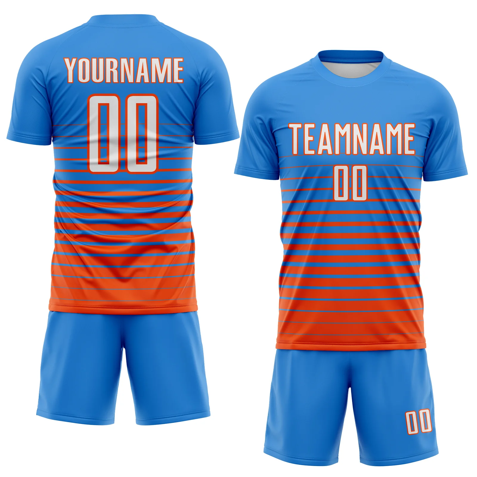 Custom Powder Blue White-Orange Gradient Pinstripe Sublimation Soccer Uniform Jersey - Image 2