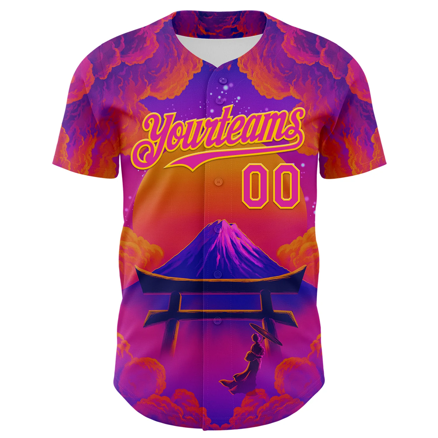 Custom Purple Deep Pink Orange-Yellow 3D Syntetyc Tori And Geisha Authentic Baseball Jersey - Image 2