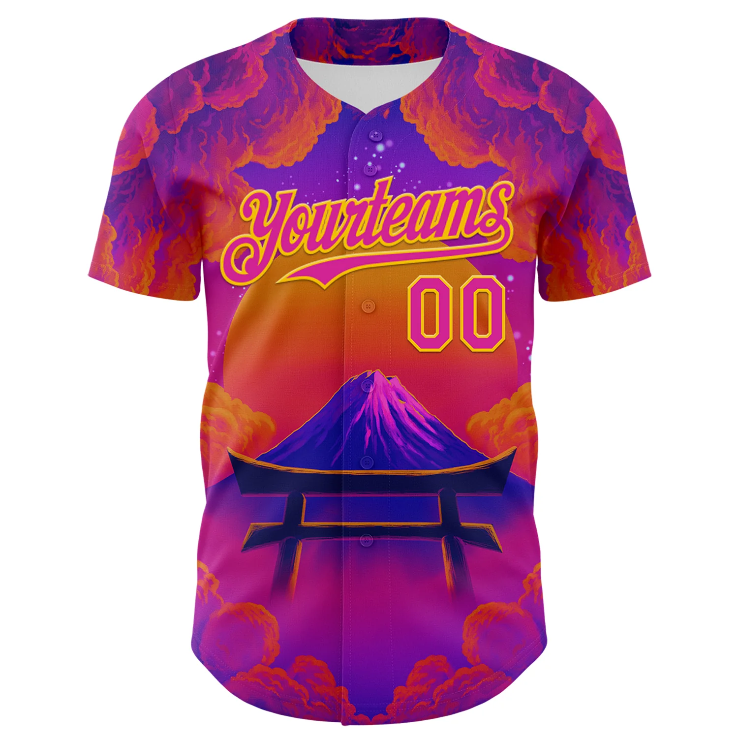 Custom Purple Deep Pink Orange-Yellow 3D Syntetyc Tori And Geisha Authentic Baseball Jersey - Image 2