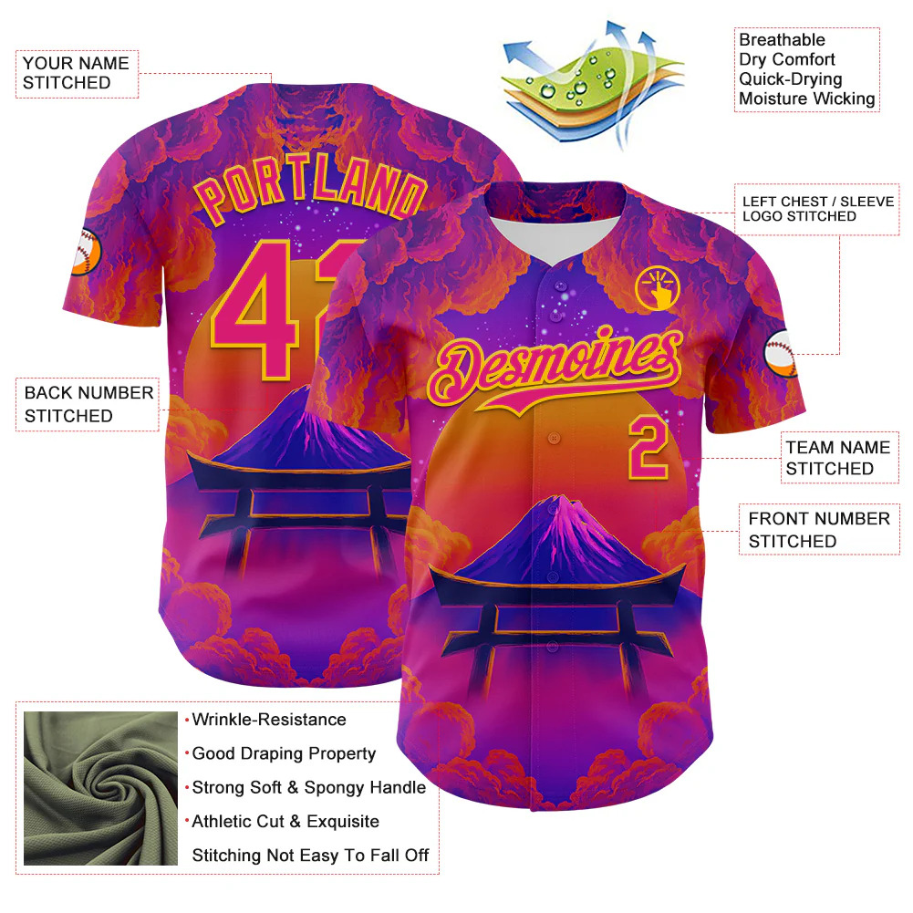 Custom Purple Deep Pink Orange-Yellow 3D Syntetyc Tori And Geisha Authentic Baseball Jersey - Image 3
