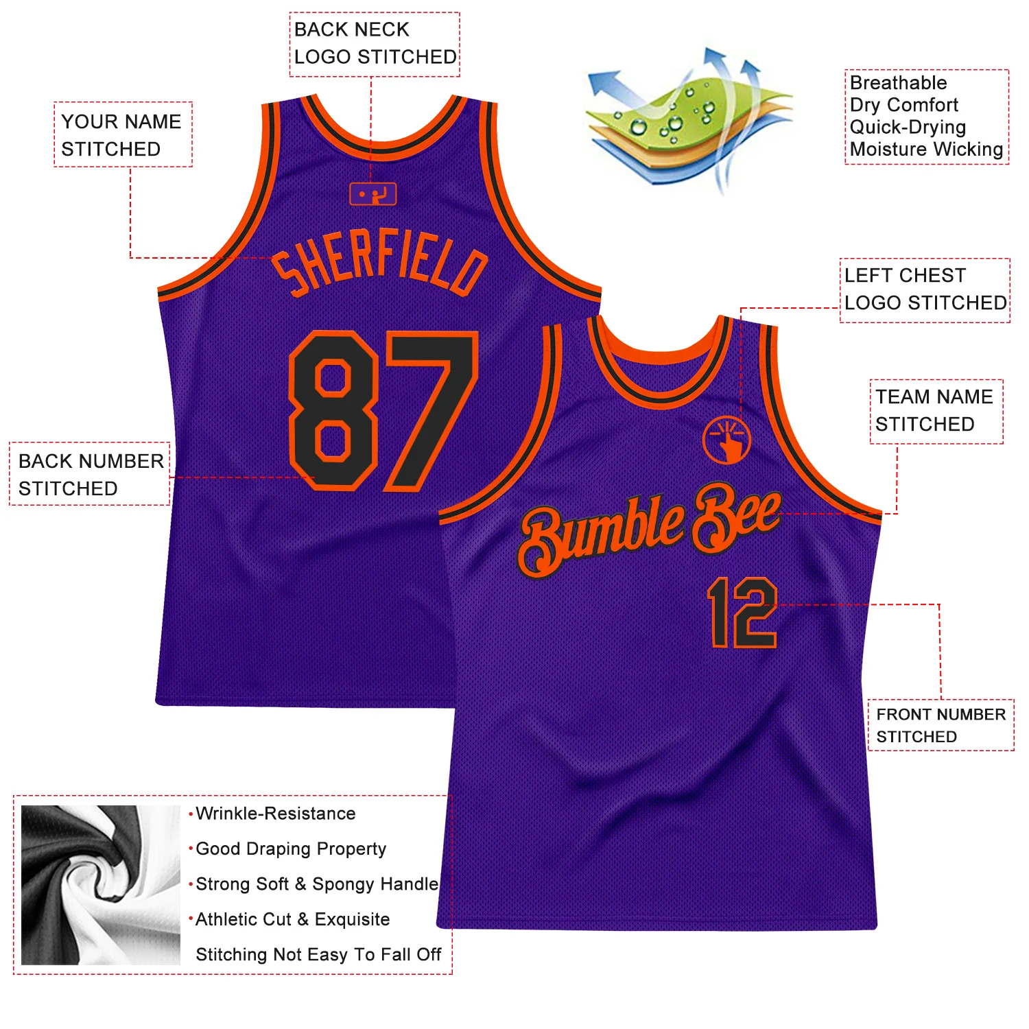 Custom Purple Black-Orange Authentic Throwback Basketball Jersey - Image 2
