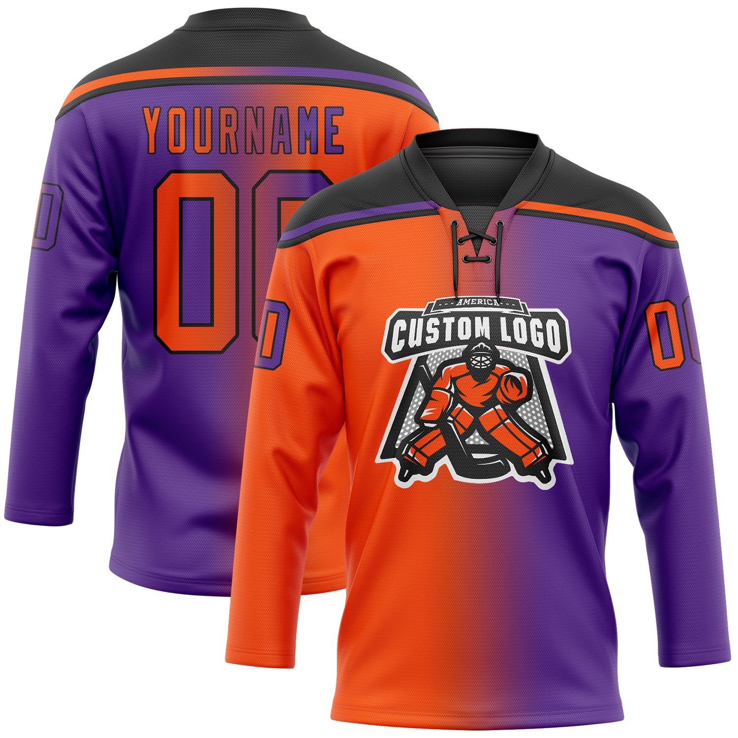 Custom Purple Orange-Black Gradient Fashion Hockey Lace Neck Jersey - Image 2