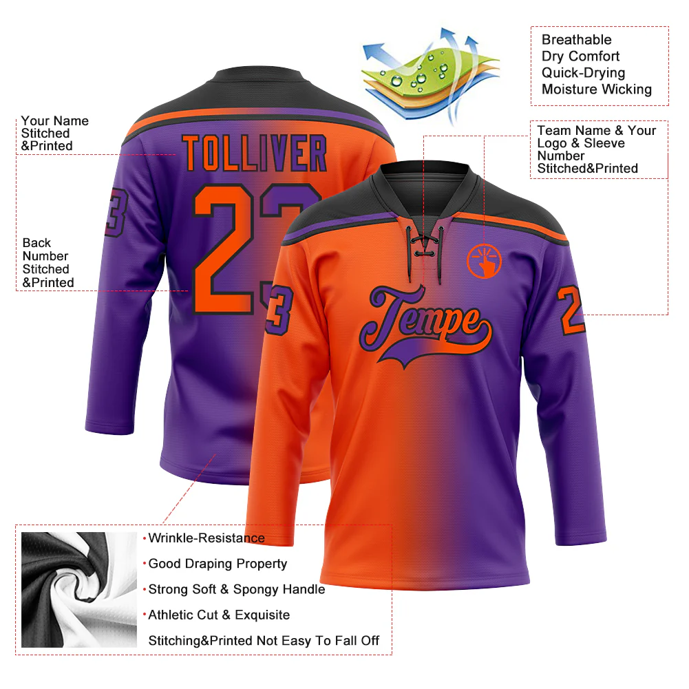 Custom Purple Orange-Black Gradient Fashion Hockey Lace Neck Jersey - Image 5