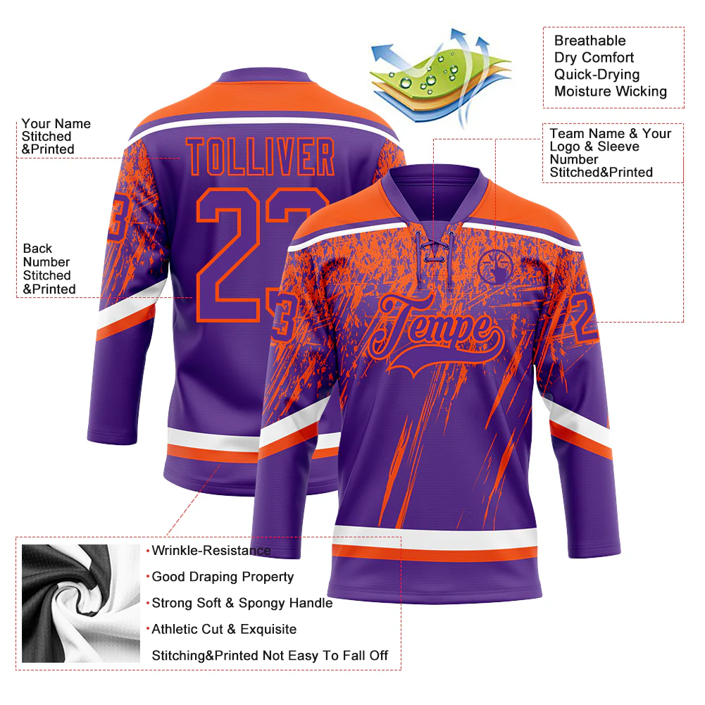 Custom Purple Orange-White 3D Splash Hockey Lace Neck Jersey - Image 3