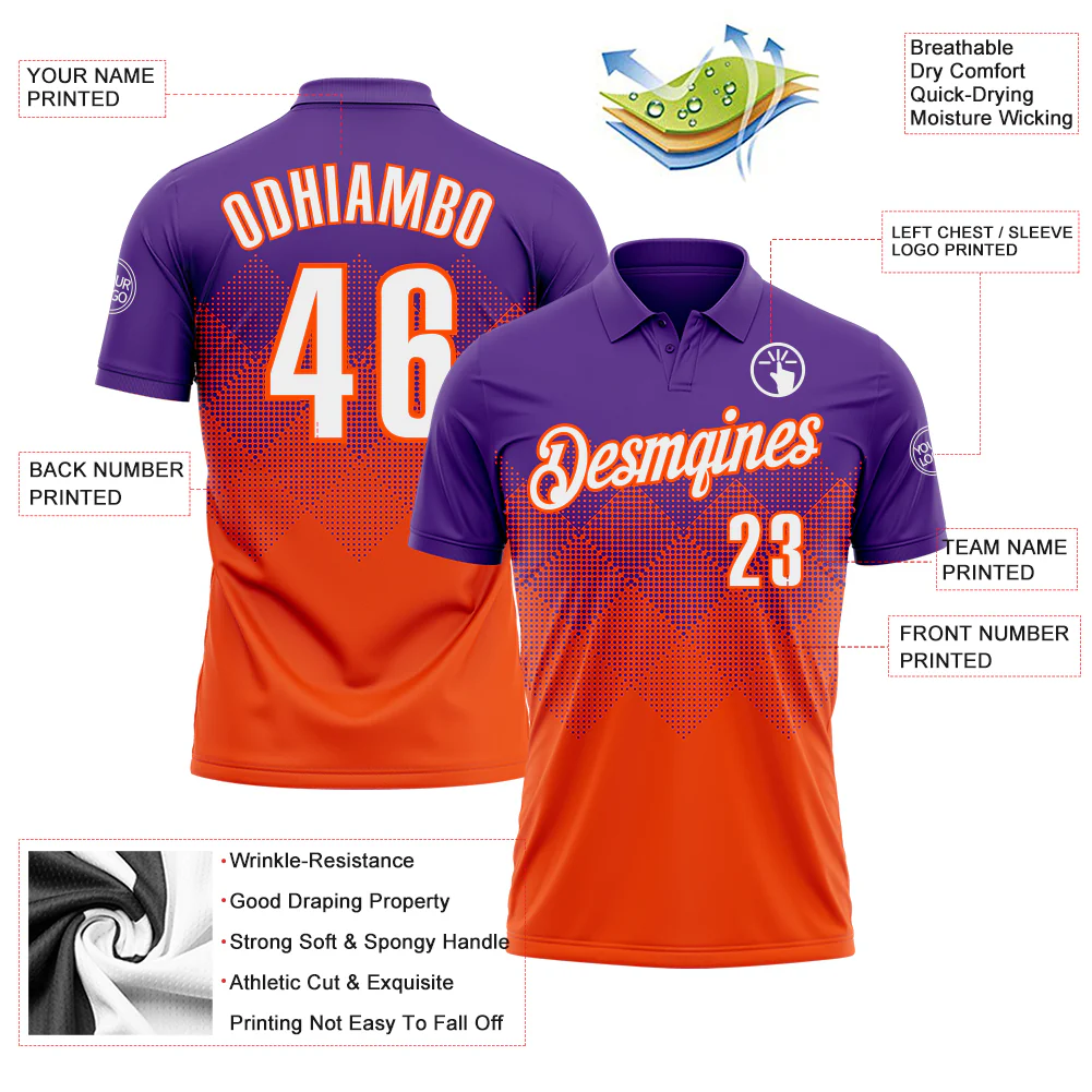 Custom Purple White-Orange 3D Gradient Square Shape Performance Polo Shirt - Image 3