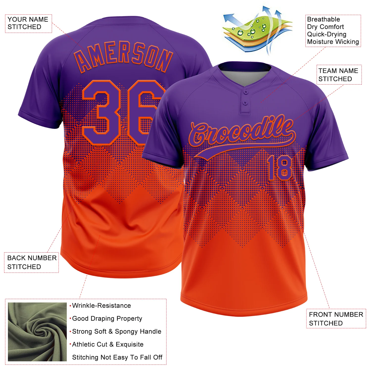 Custom Purple Orange 3D Gradient Square Shape Two-Button Unisex Softball Jersey - Image 3
