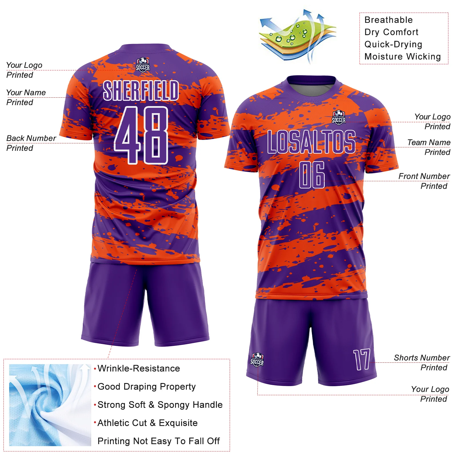 Custom Purple Orange-White Splash Sublimation Soccer Uniform Jersey - Image 4