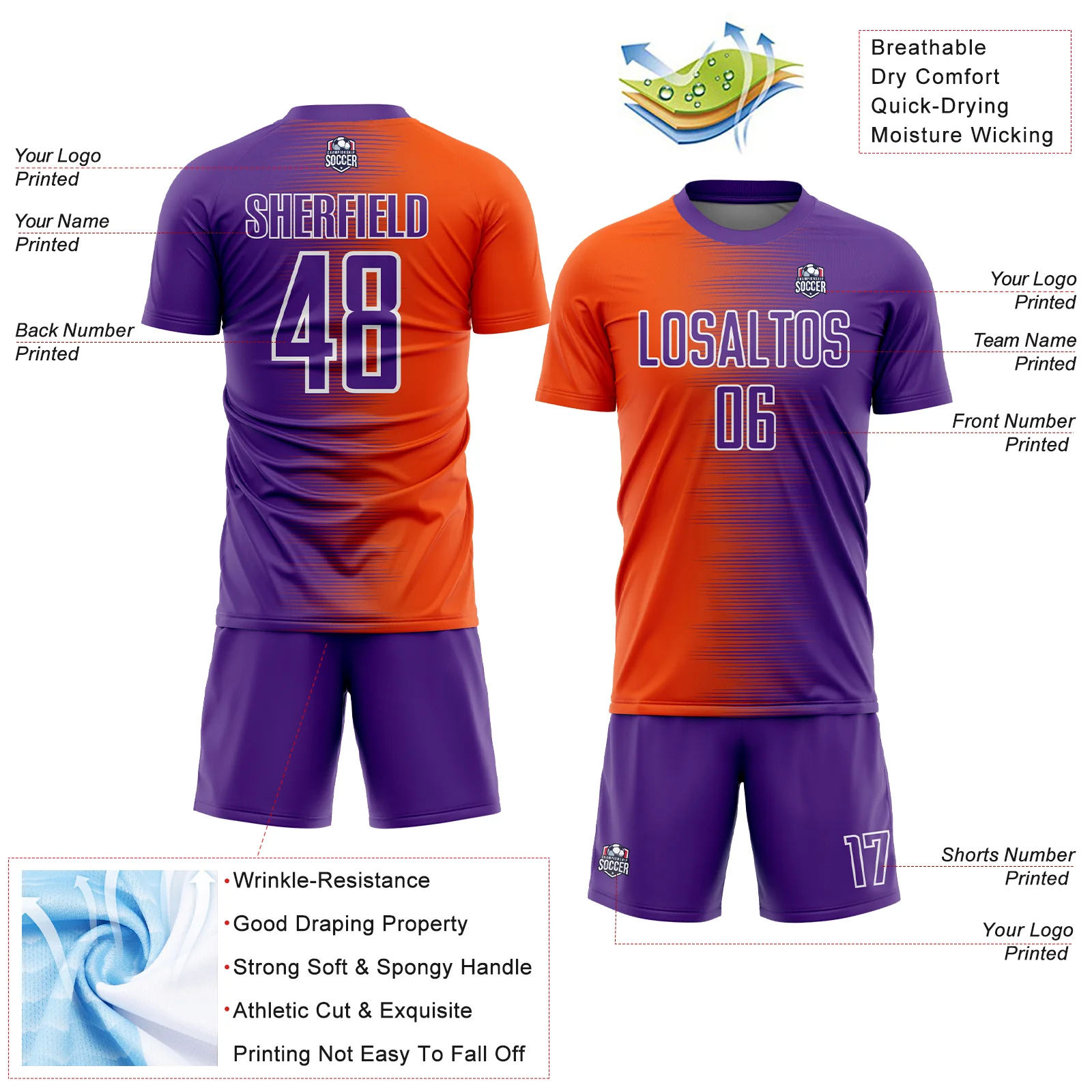 Custom Purple Orange-White Gradient Line Sublimation Soccer Uniform Jersey - Image 4