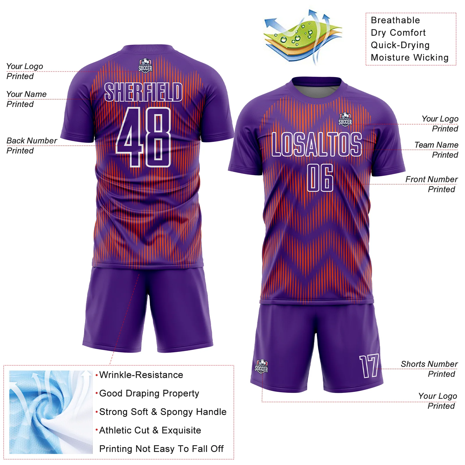 Custom Purple Orange-White Line Sublimation Soccer Uniform Jersey - Image 4