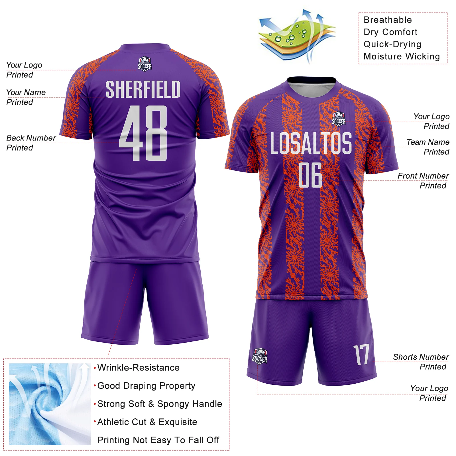 Custom Purple White-Orange Abstract Shape Sublimation Soccer Uniform Jersey - Image 4