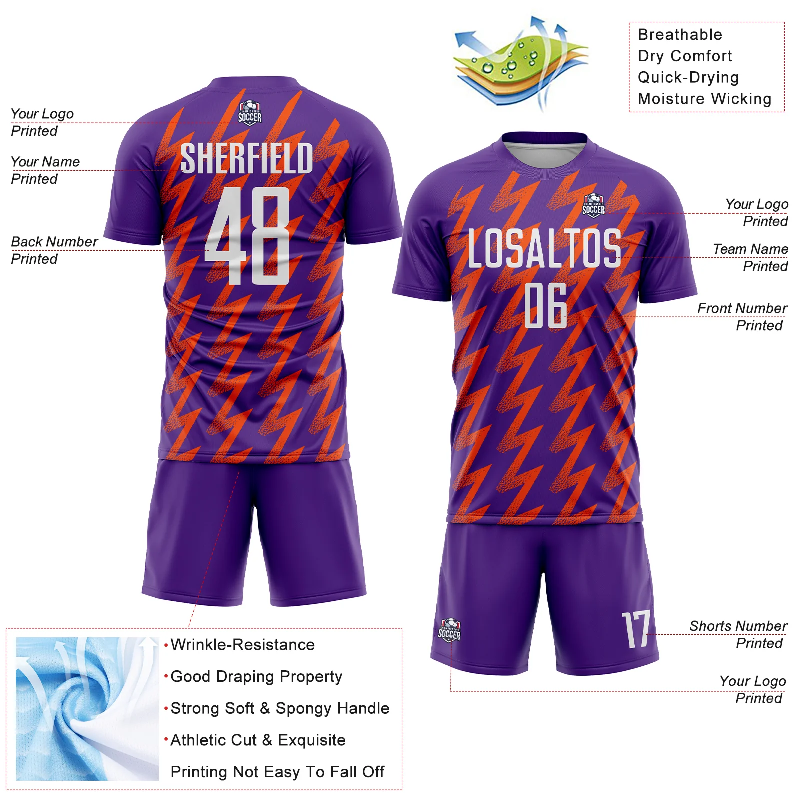 Custom Purple White-Orange Zigzag Shape Sublimation Soccer Uniform Jersey - Image 4