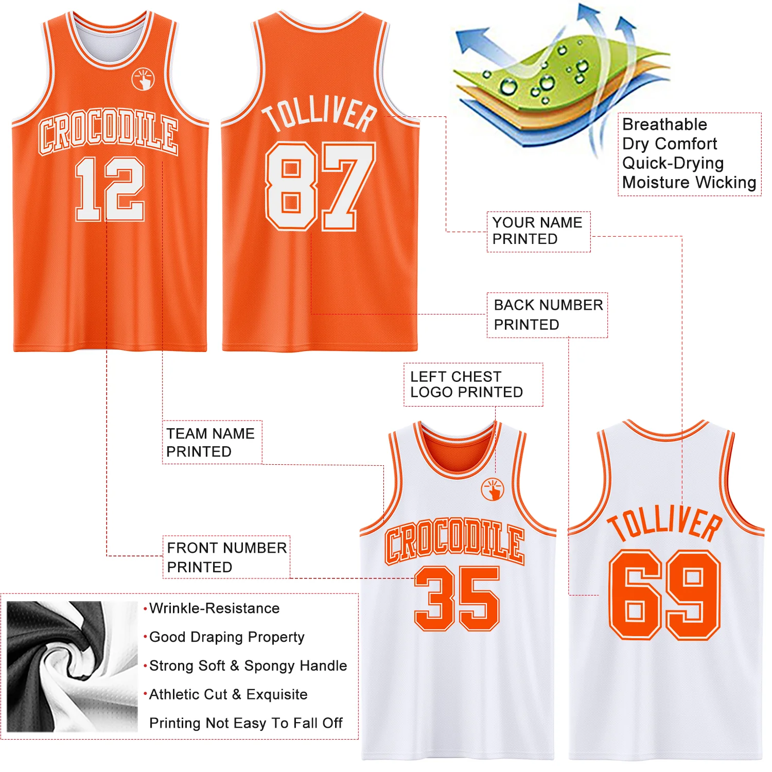 Custom Reversible Orange White Double Side Sublimation Basketball Suit Jersey - Image 5