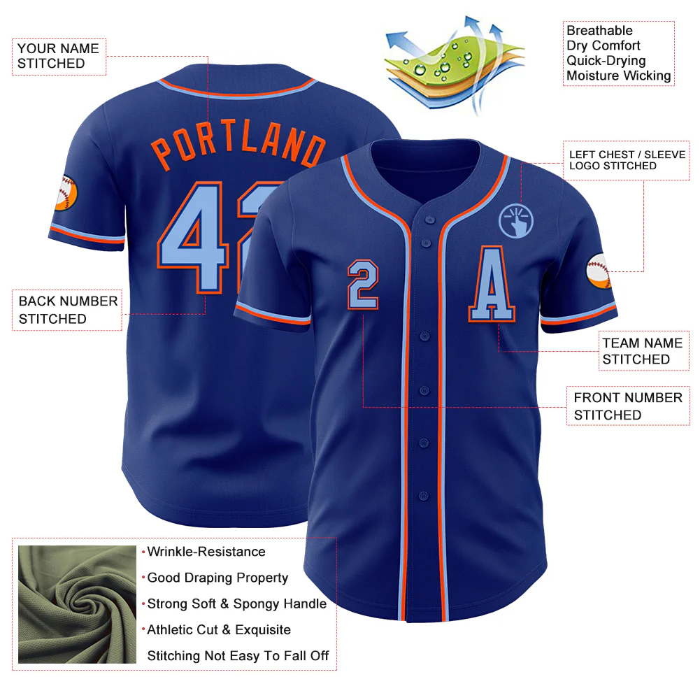 Custom Royal Light Blue-Orange Authentic Baseball Jersey - Image 2