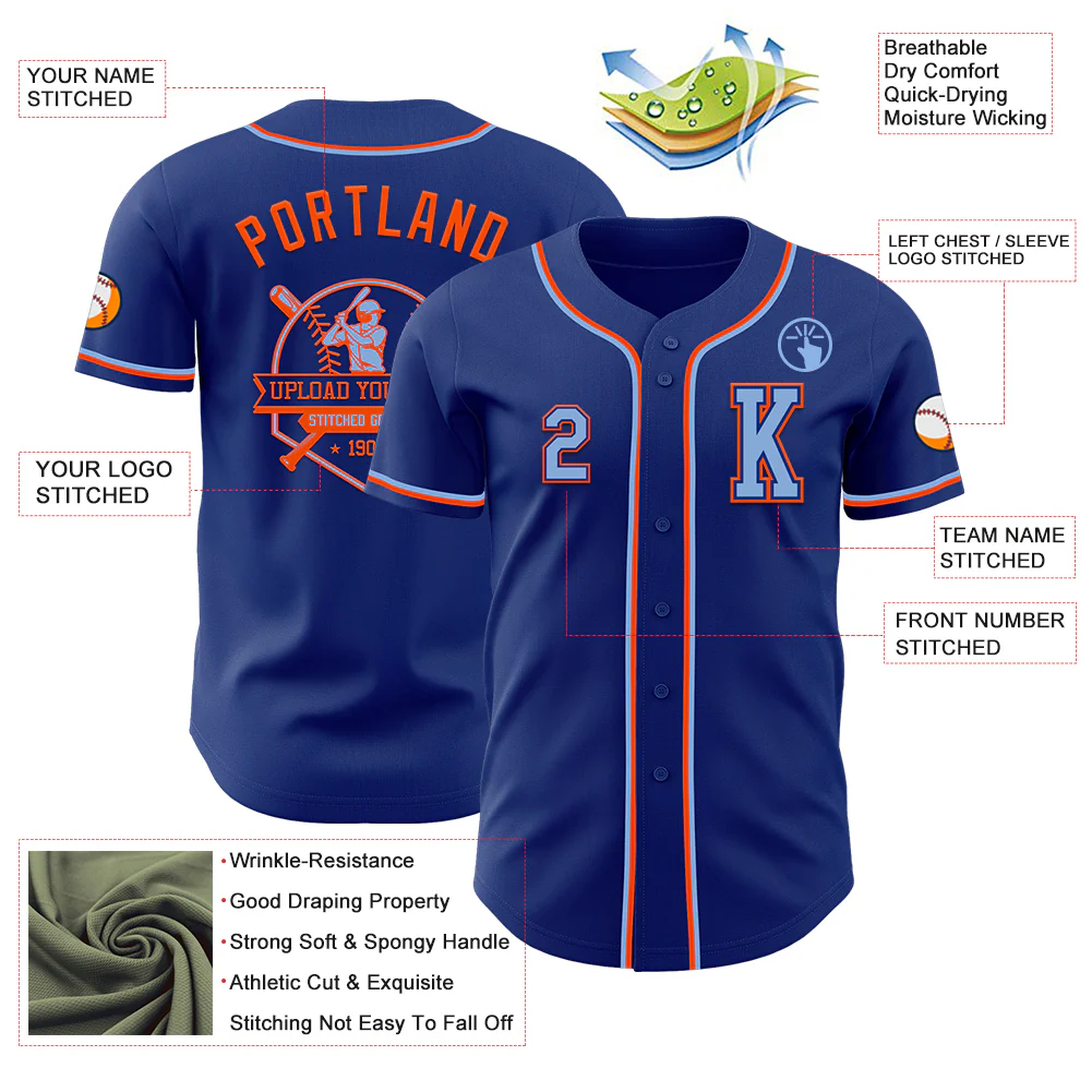 Custom Royal Light Blue-Orange Authentic Baseball Jersey - Image 6