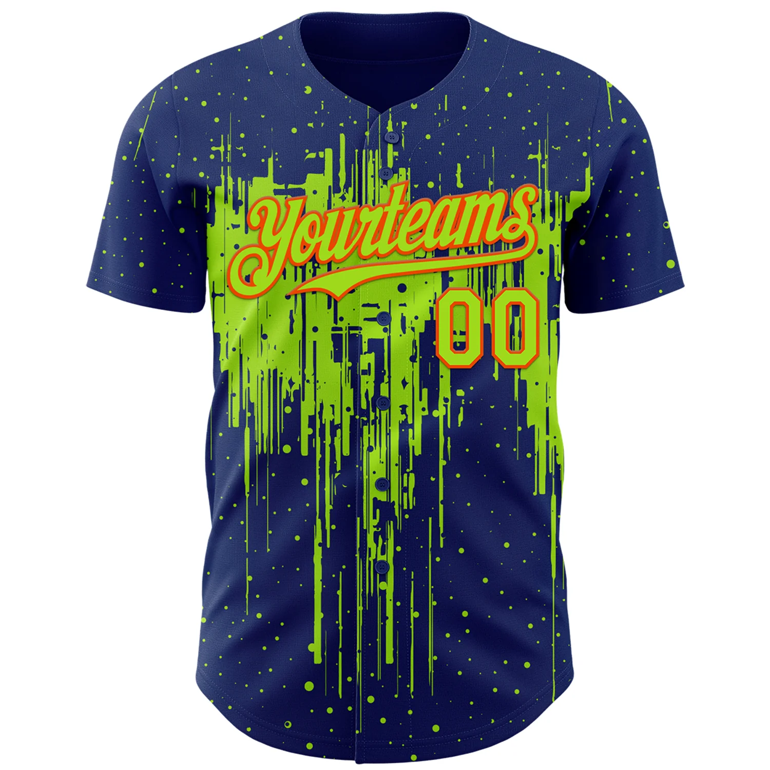 Custom Royal Neon Green-Orange Dripping Splatter Paint Authentic Baseball Jersey - Image 2
