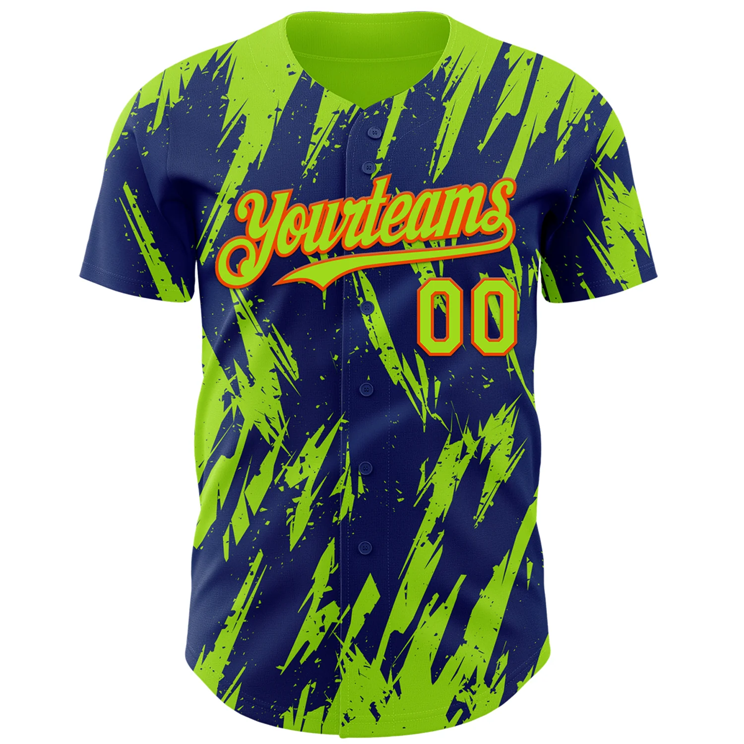 Custom Royal Neon Green-Orange Splatter Torn Sharp Brush Stroke Authentic Baseball Jersey - Image 2