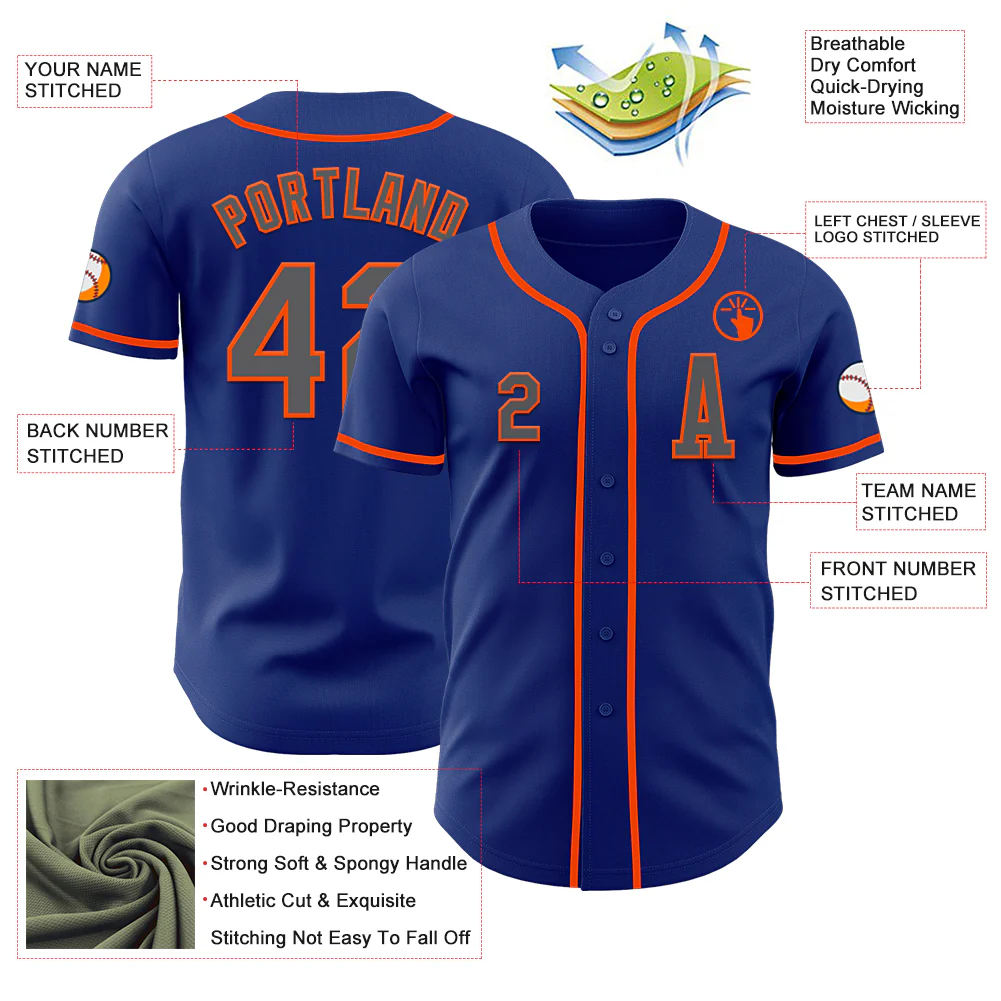 Custom Royal Steel Gray-Orange Authentic Baseball Jersey - Image 2