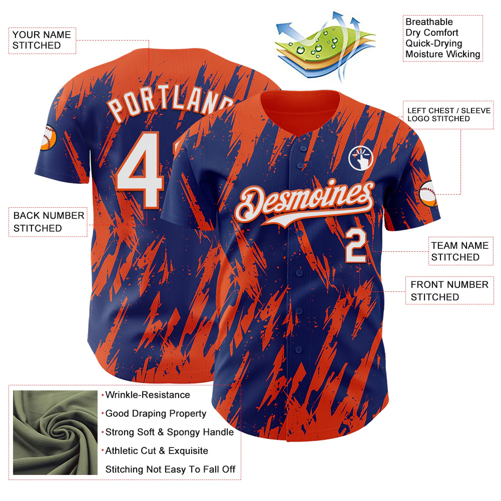 Custom Royal White-Orange Splatter Torn Sharp Brush Stroke Authentic Baseball Jersey - Image 3