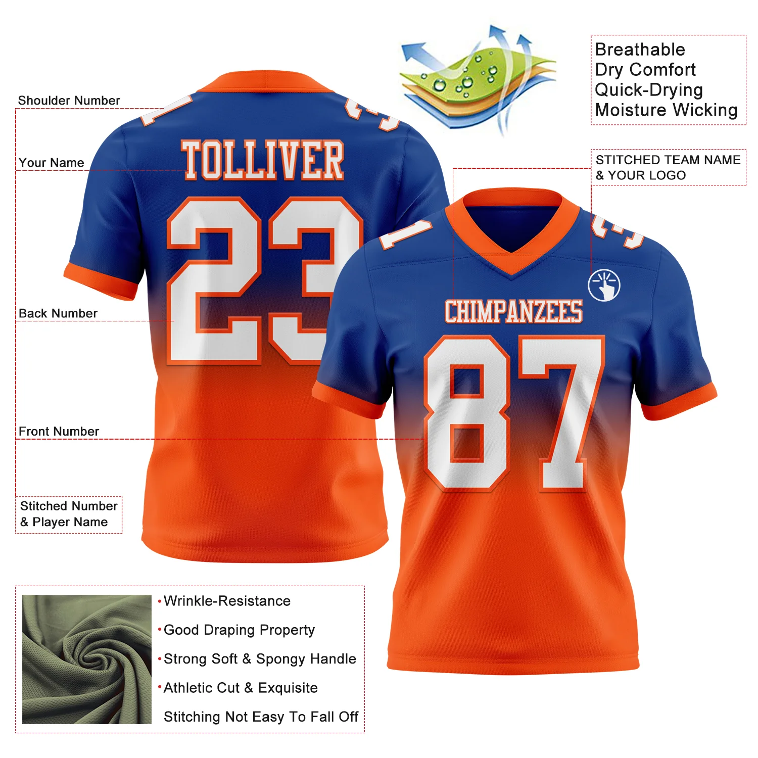 Custom Royal White-Orange Authentic Fade Fashion Football Jersey - Image 2