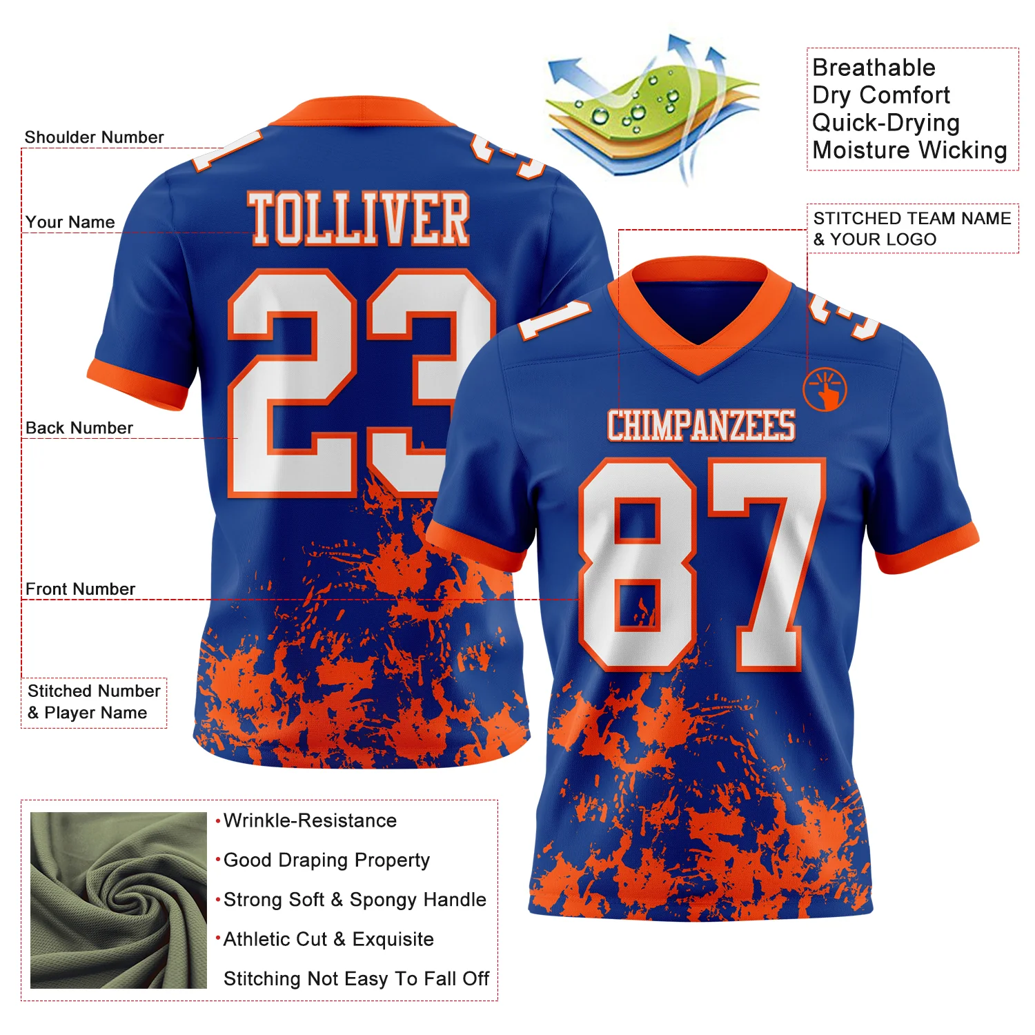 Custom Royal White-Orange 3D Pattern Splash Authentic Football Jersey - Image 2