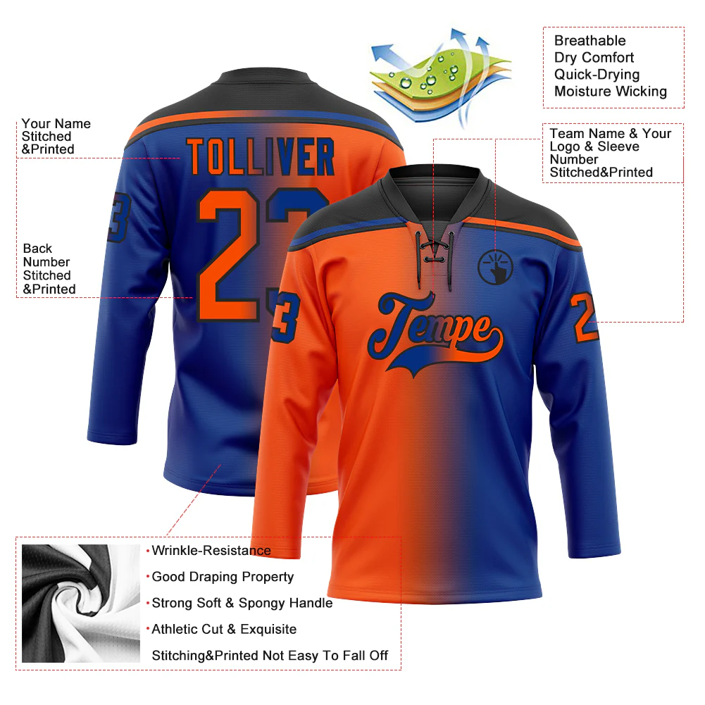 Custom Royal Orange-Black Gradient Fashion Hockey Lace Neck Jersey - Image 5
