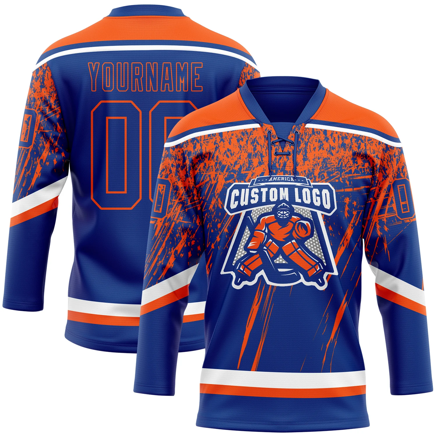 Custom Royal Orange-White 3D Splash Hockey Lace Neck Jersey - Image 2