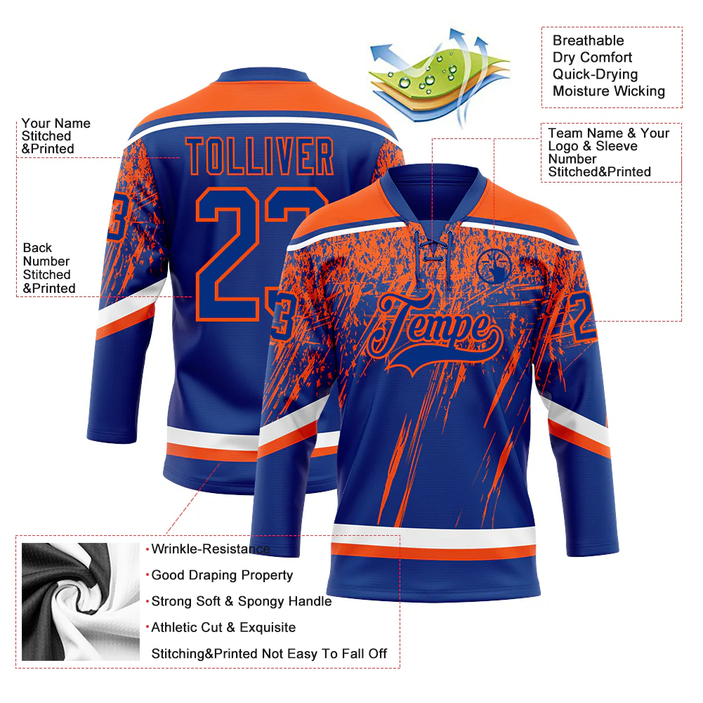 Custom Royal Orange-White 3D Splash Hockey Lace Neck Jersey - Image 3