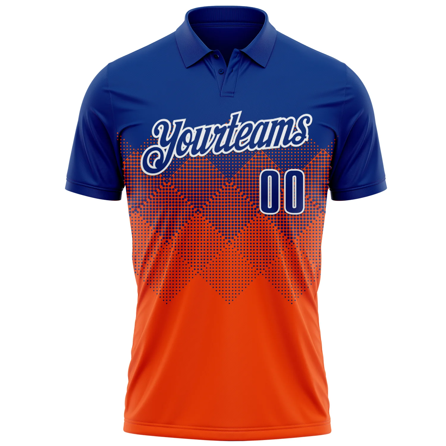 Custom Royal Orange-White 3D Pattern Design Gradient Square Shape Performance Polo Shirt - Image 2