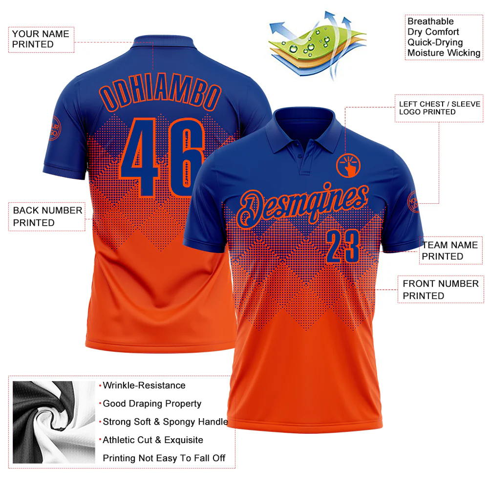 Custom Royal Orange 3D Gradient Square Shape Performance Polo Shirt - Image 3
