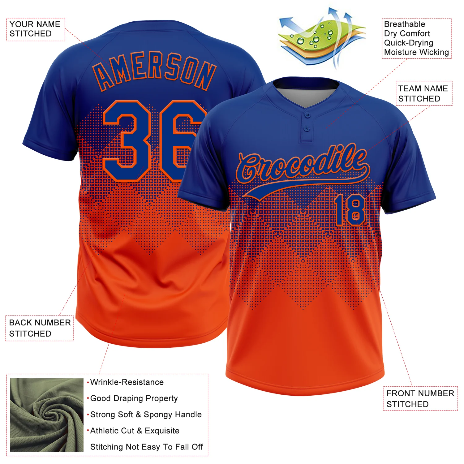 Custom Royal Orange 3D Gradient Square Shape Two-Button Unisex Softball Jersey - Image 3
