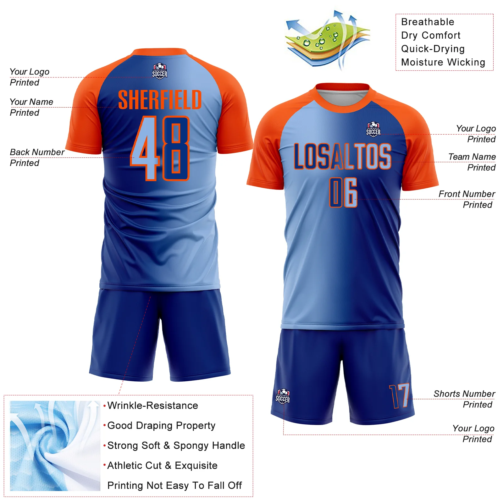 Custom Royal Light Blue-Orange Sublimation Gradient Fashion Soccer Uniform Jersey - Image 4