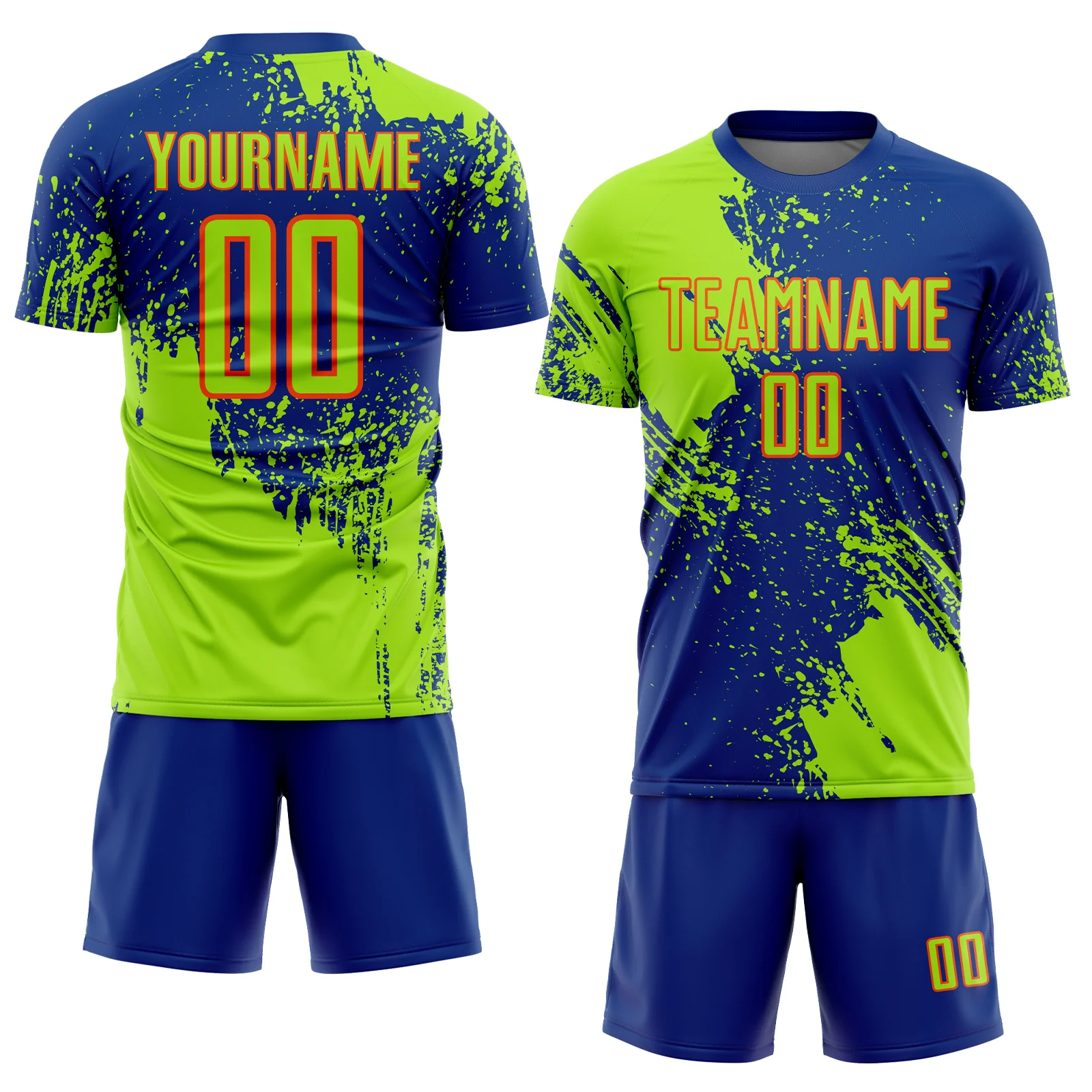 Custom Royal Neon Green-Orange Abstract Brush Stroke Sports Sublimation Soccer Uniform Jersey - Image 2