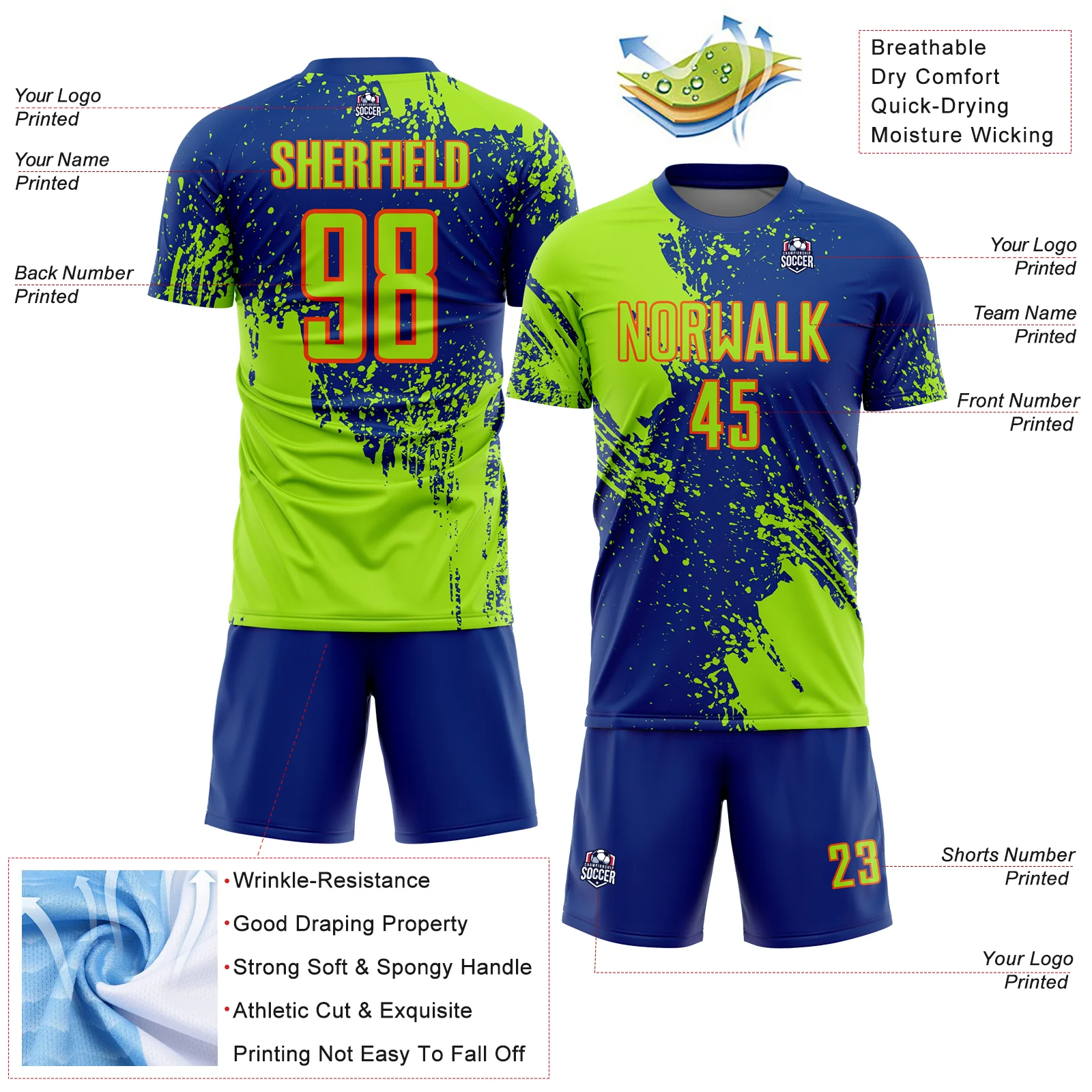 Custom Royal Neon Green-Orange Abstract Brush Stroke Sports Sublimation Soccer Uniform Jersey - Image 4
