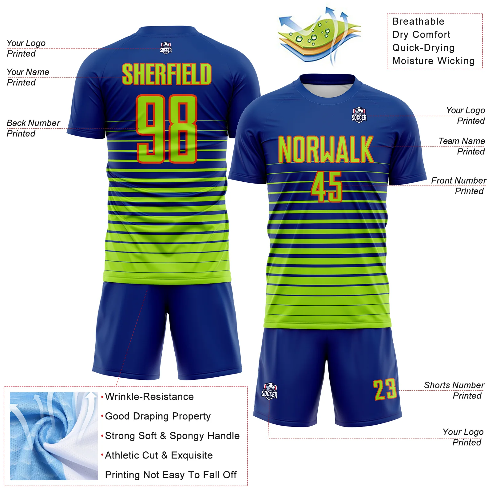 Custom Royal Neon Green-Orange Gradient Pinstripe Sublimation Soccer Uniform Jersey - Image 4