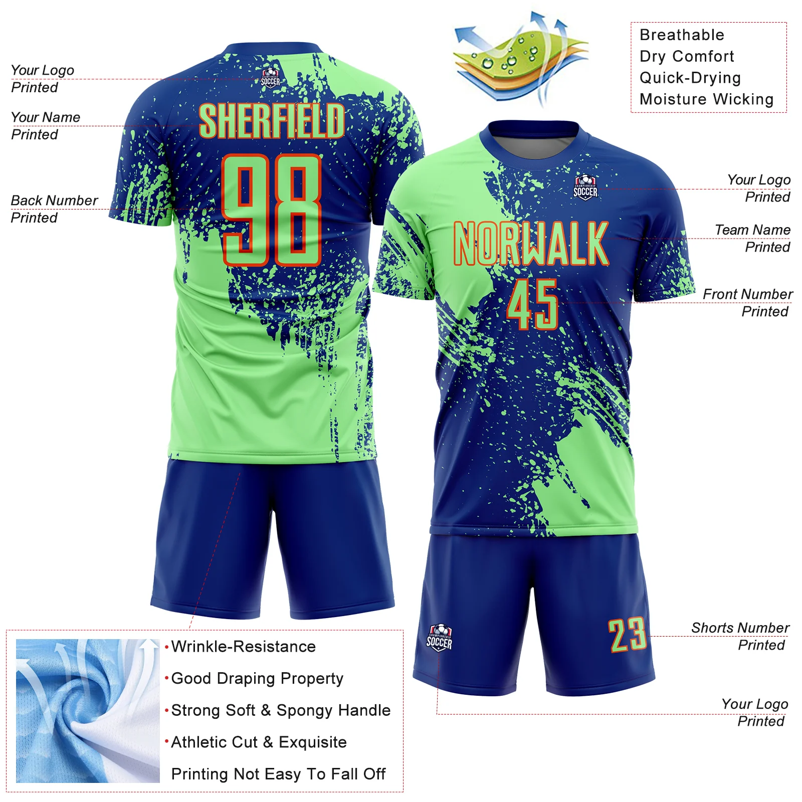 Custom Royal Pea Green-Orange Abstract Brush Stroke Sports Sublimation Soccer Uniform Jersey - Image 4