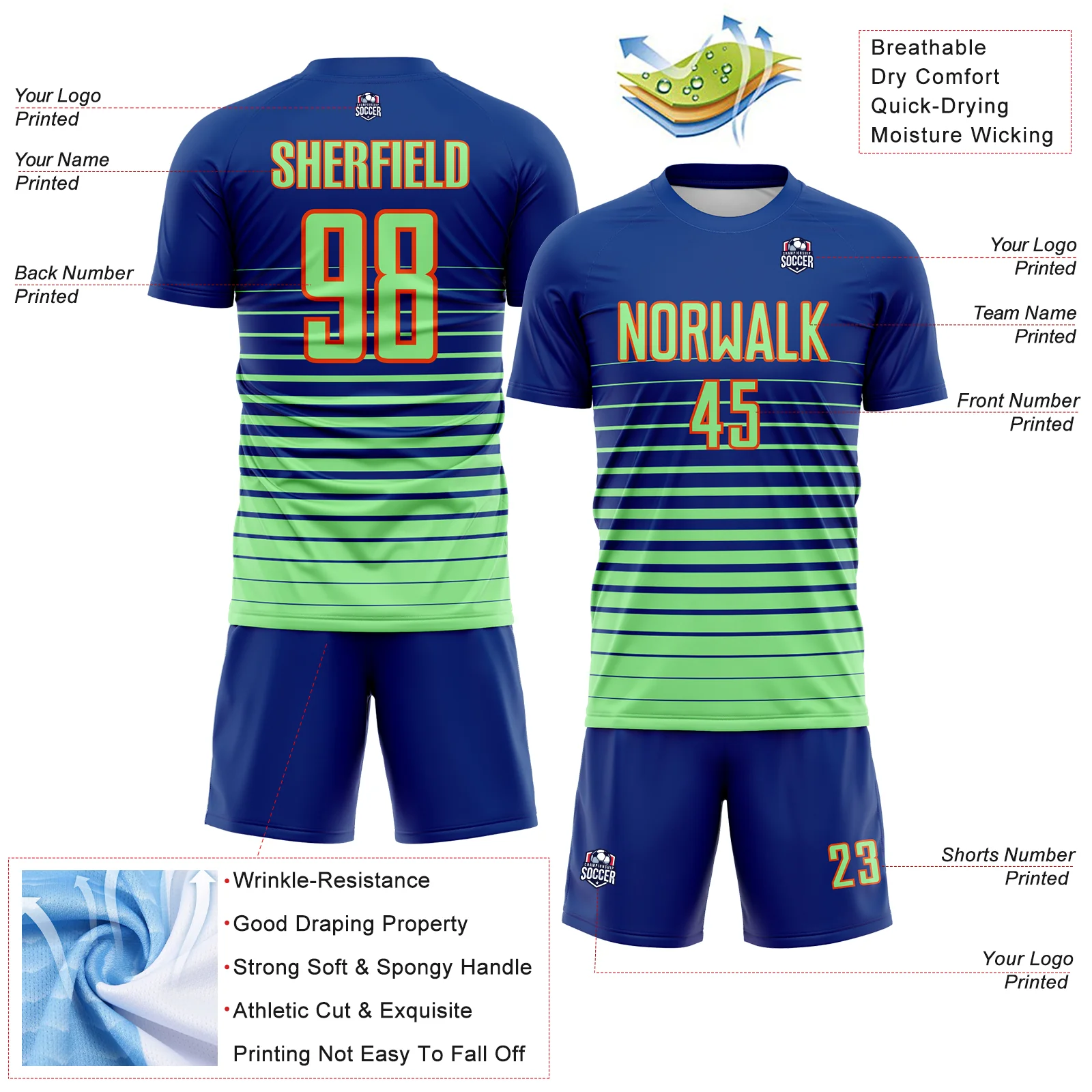 Custom Royal Pea Green-Orange Gradient Pinstripe Sublimation Soccer Uniform Jersey - Image 4