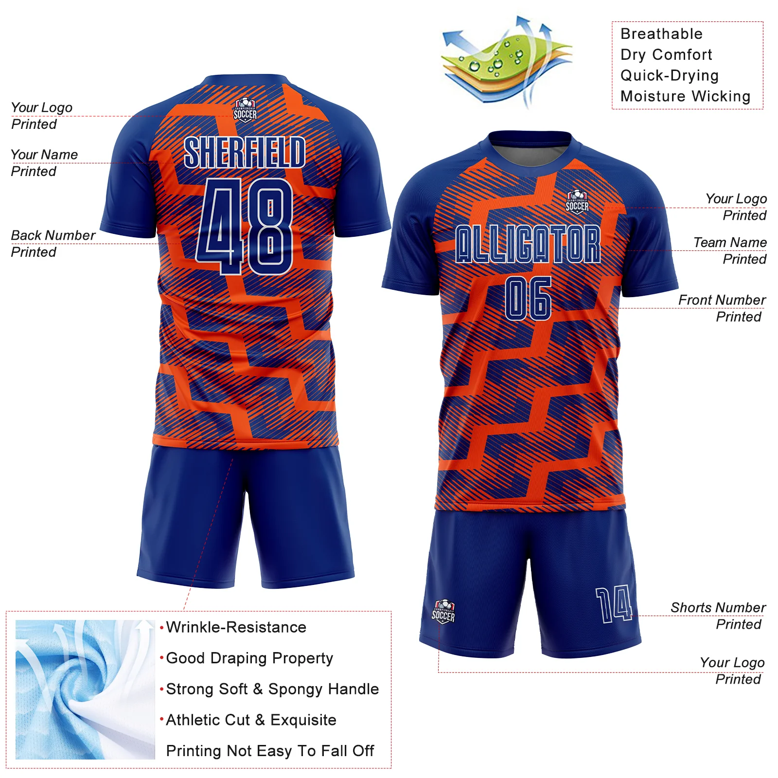 Custom Royal Orange-White Line Sublimation Soccer Uniform Jersey - Image 4