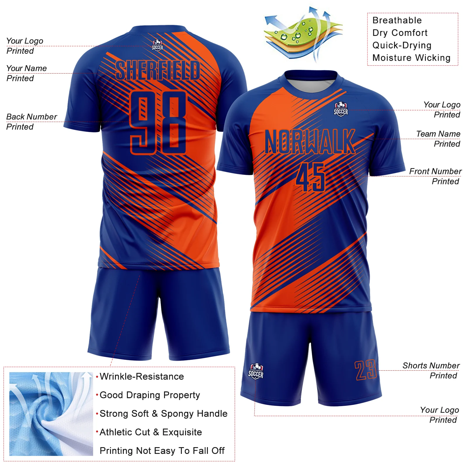 Custom Royal Orange Line Sublimation Soccer Uniform Jersey - Image 4