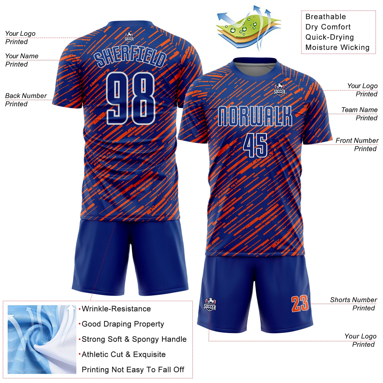 Custom Royal Orange-White Line Sports Sublimation Soccer Uniform Jersey - Image 4