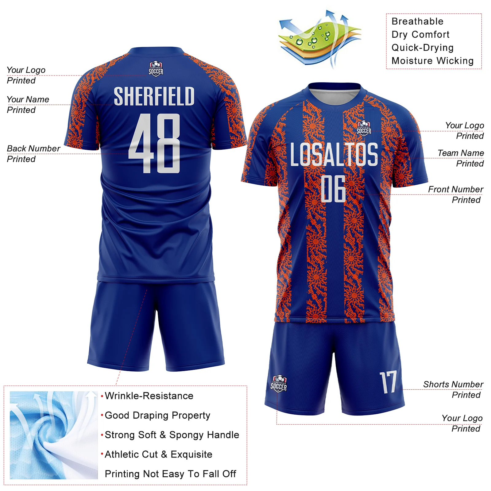Custom Royal White-Orange Abstract Shape Sublimation Soccer Uniform Jersey - Image 4