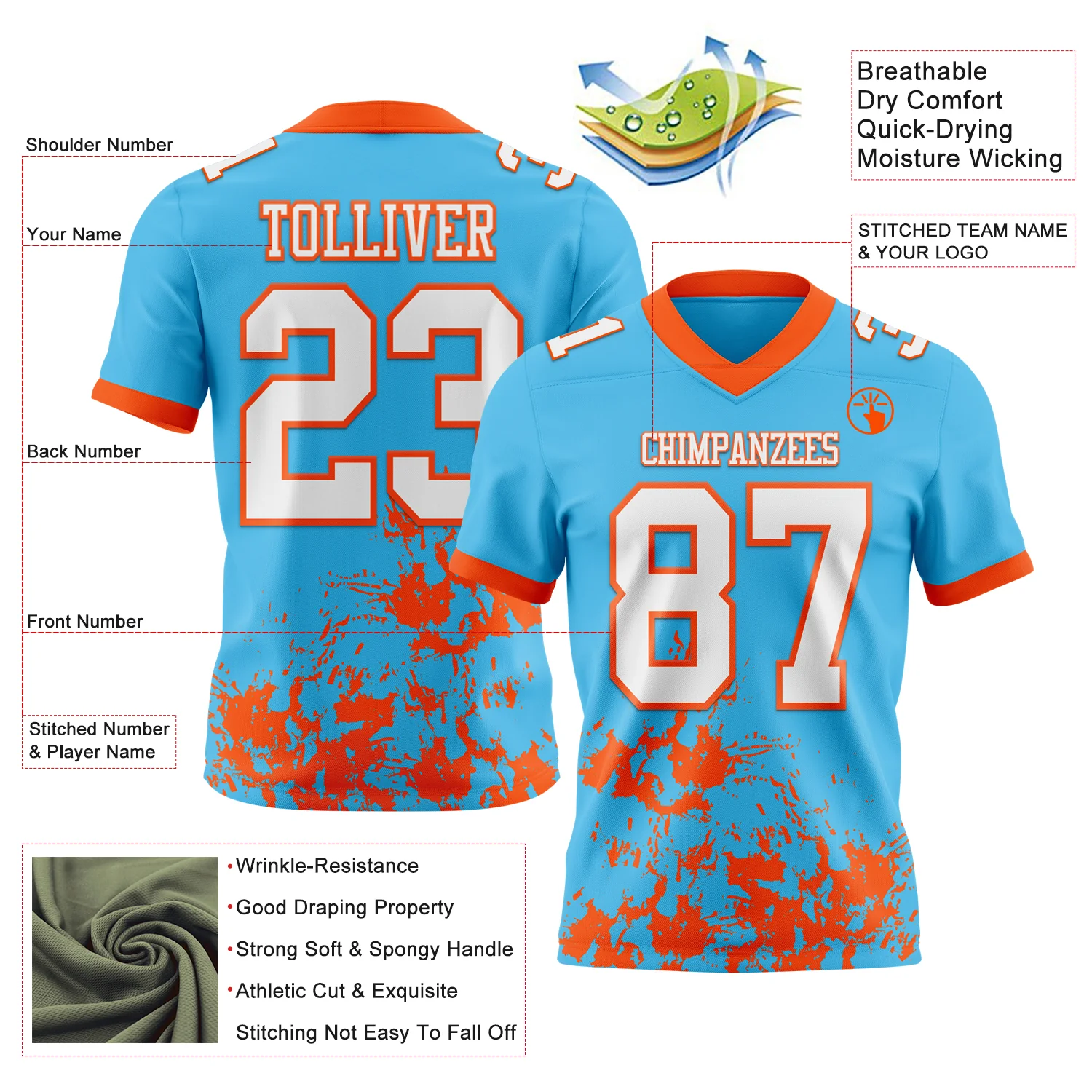 Custom Sky Blue White-Orange 3D Pattern Splash Authentic Football Jersey - Image 2