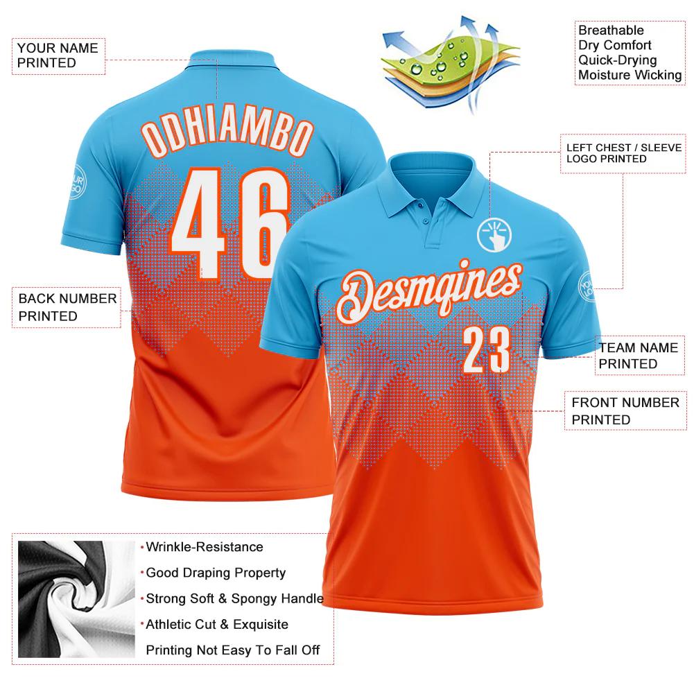 Custom Sky Blue White-Orange 3D Gradient Square Shape Performance Polo Shirt - Image 3
